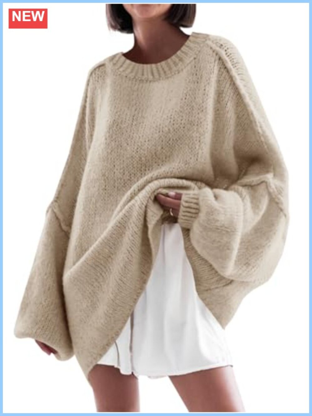 Oversized Tunic Sweater Crewneck Lantern Sleeve Pullover